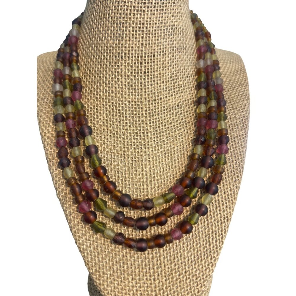 Vintage 3 Strand Glass Bead Necklace Matte Beads Muted Purple Green Yellow Adj
